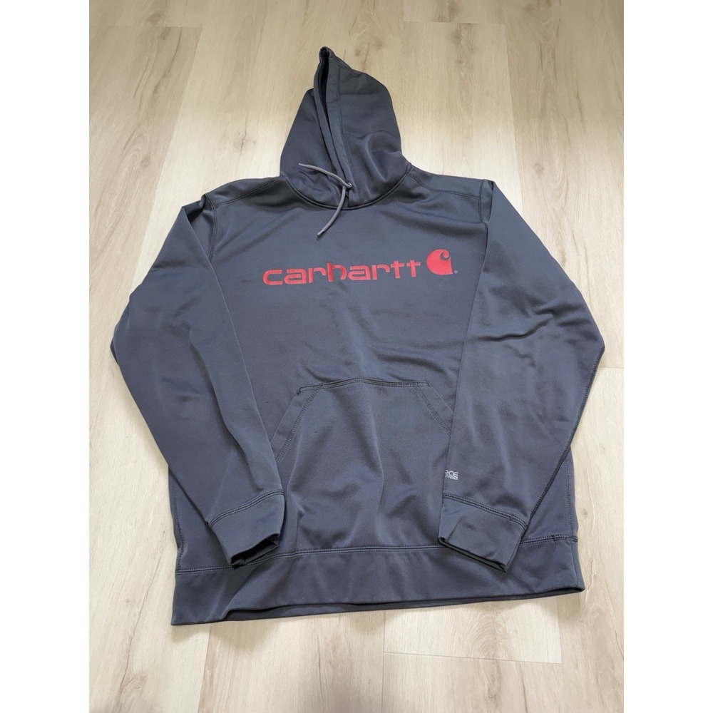 Carhartt Force Men's L Relaxed Fit Pullover Hoodie Dark Gray Red Logo Sweatshirt